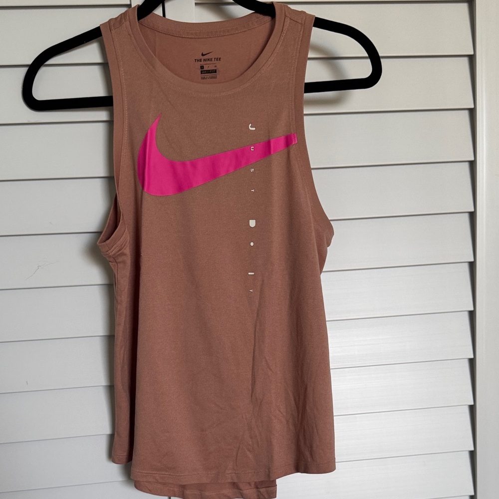 Nike Women's Muscle Tee in Brown with Pink Swoosh